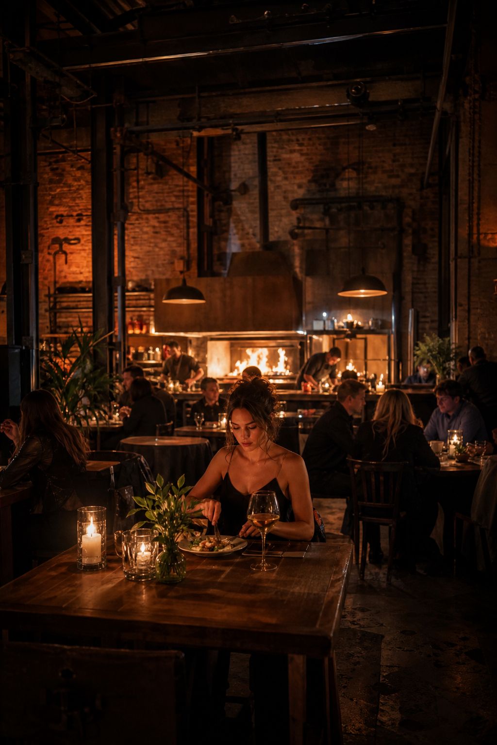 The warm, low-lit dining room at ember with the open kitchen and hearth glowing at the back