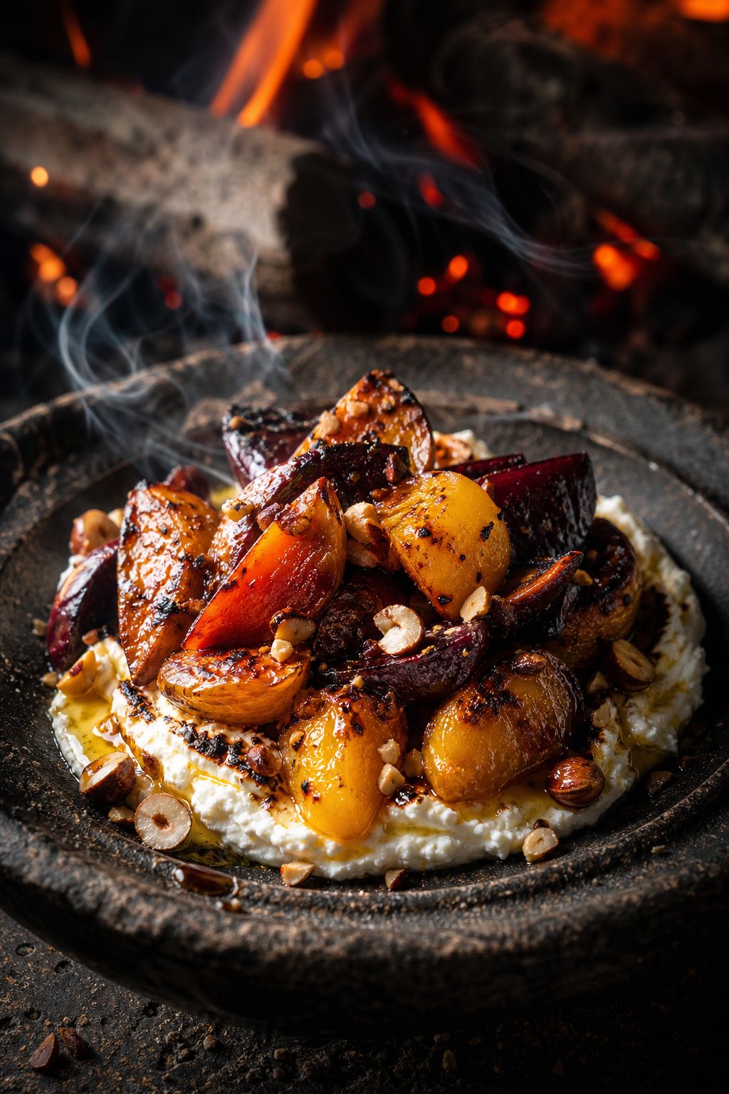 Ember-Roasted Beets — Golden & candy beets buried in the coals, whipped goat cheese, toasted hazelnut, honey.