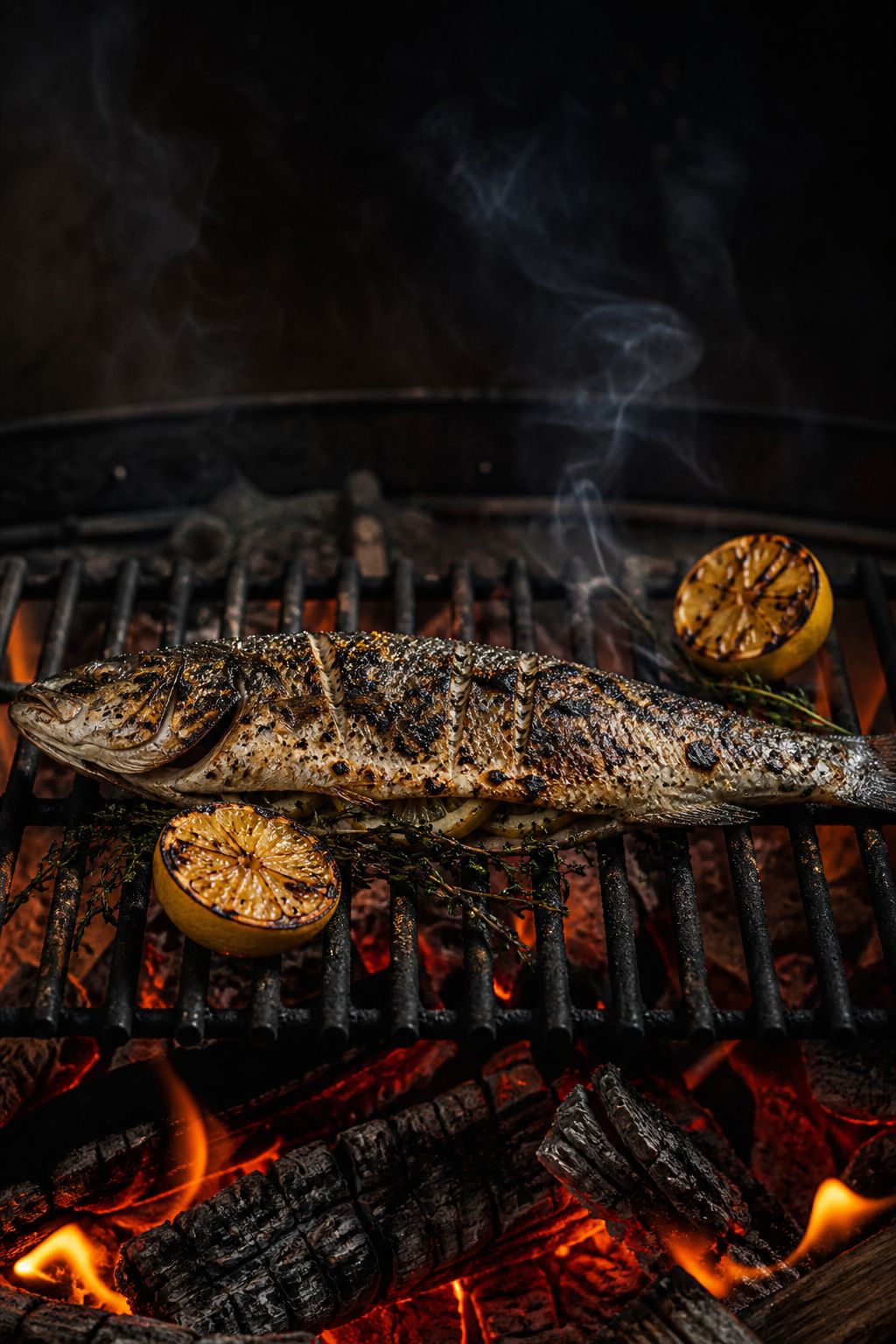 Whole Grilled Branzino — Fennel, herbs & citrus in the cavity, salsa verde, grilled lemon.