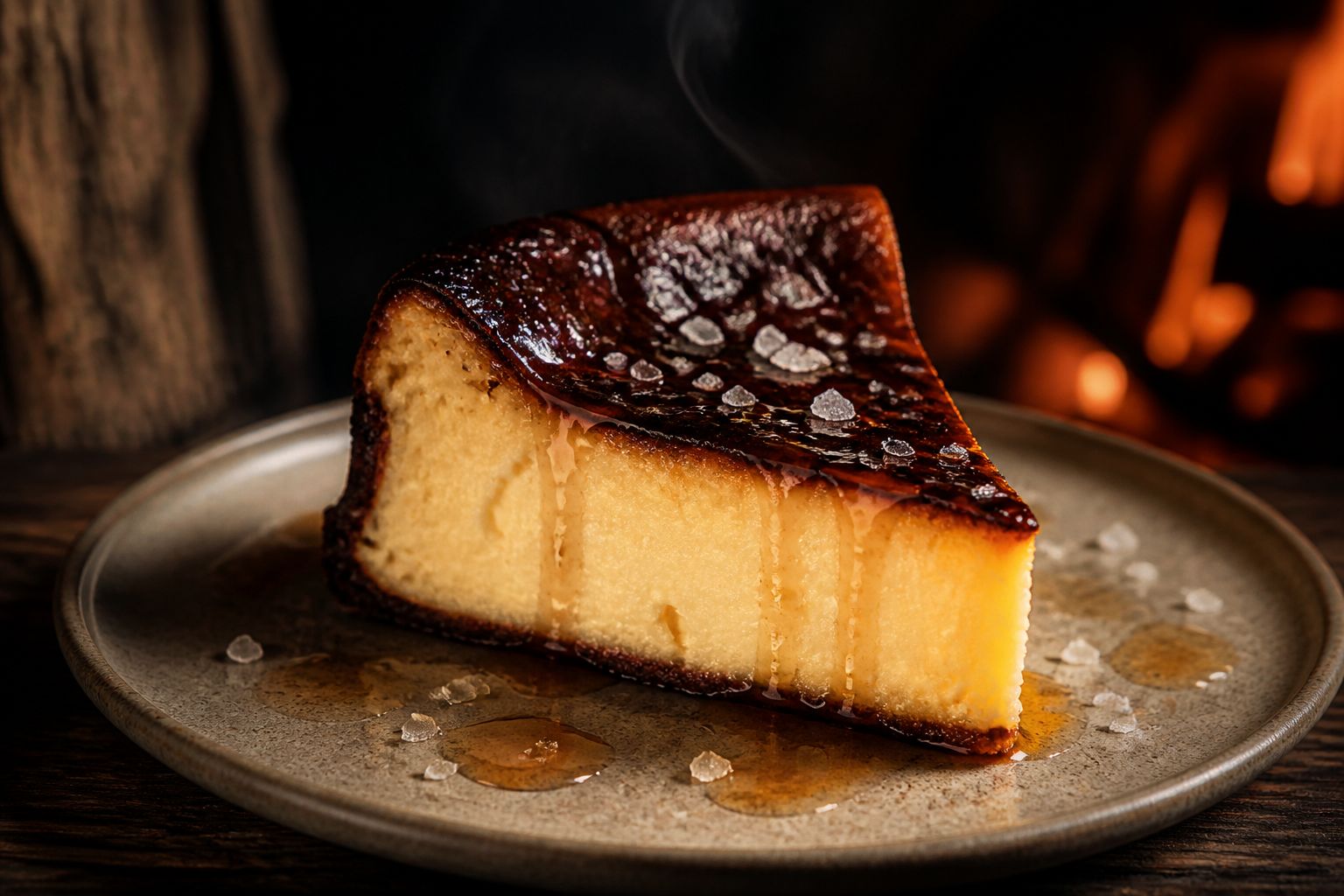 Burnt Basque Cheesecake — Caramelised in the hearth, wildflower honey, sea salt.