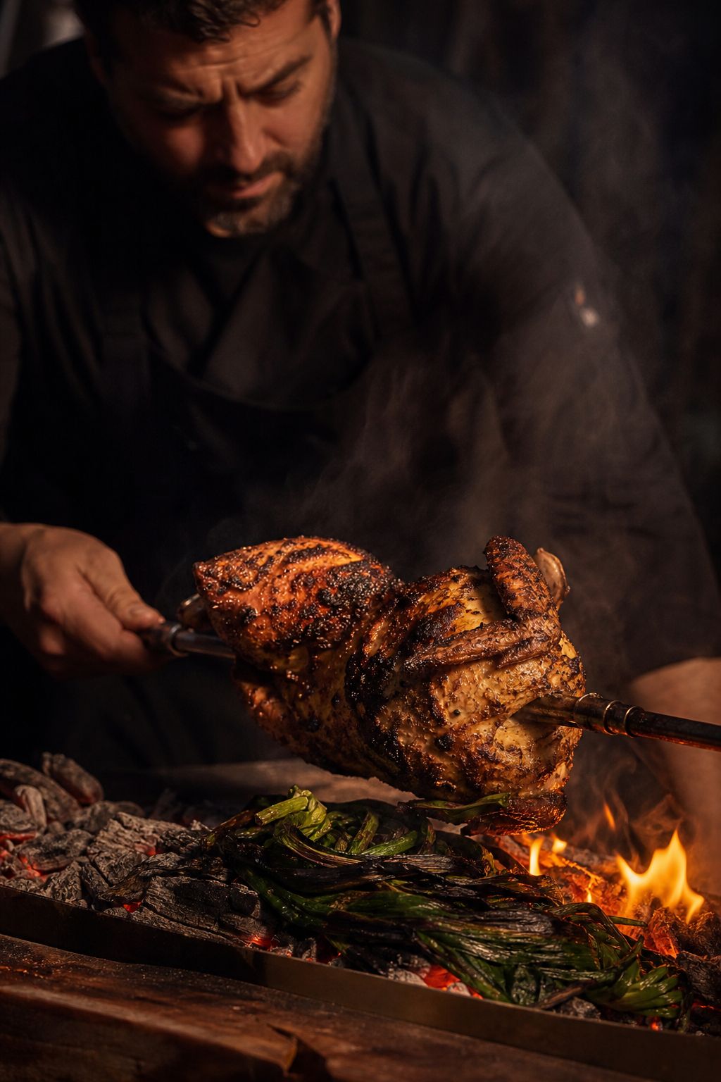 Fire-Roasted Half Chicken — Brined & spun over embers, charred greens, preserved-lemon jus.