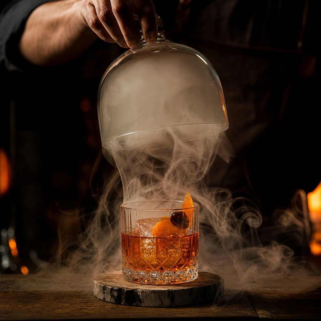 Ember Old Fashioned — Bourbon, smoked maple, orange & cherrywood smoke, poured tableside.
