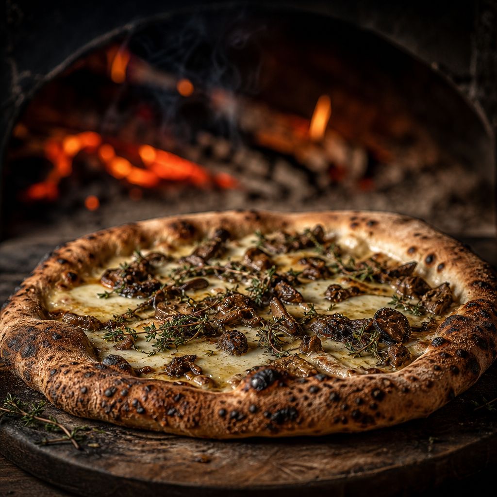 Hearth Flatbread — Taleggio, wild mushroom, thyme & confit garlic, blistered in the oak oven.