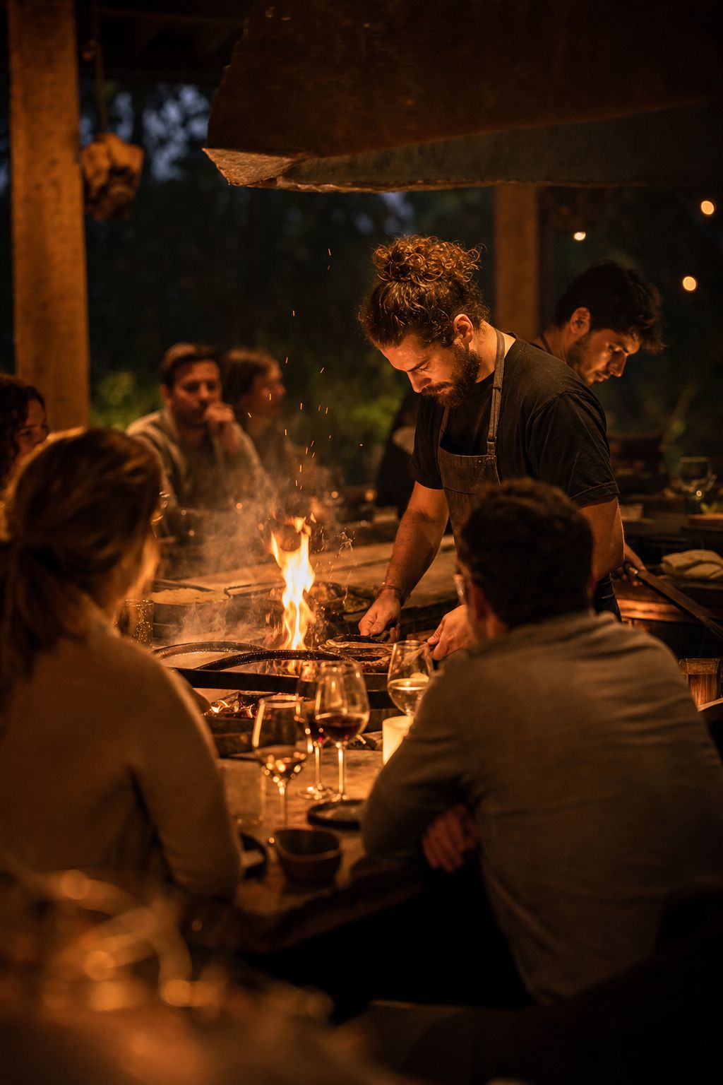 The glowing hearth counter at dusk with guests seated around the fire