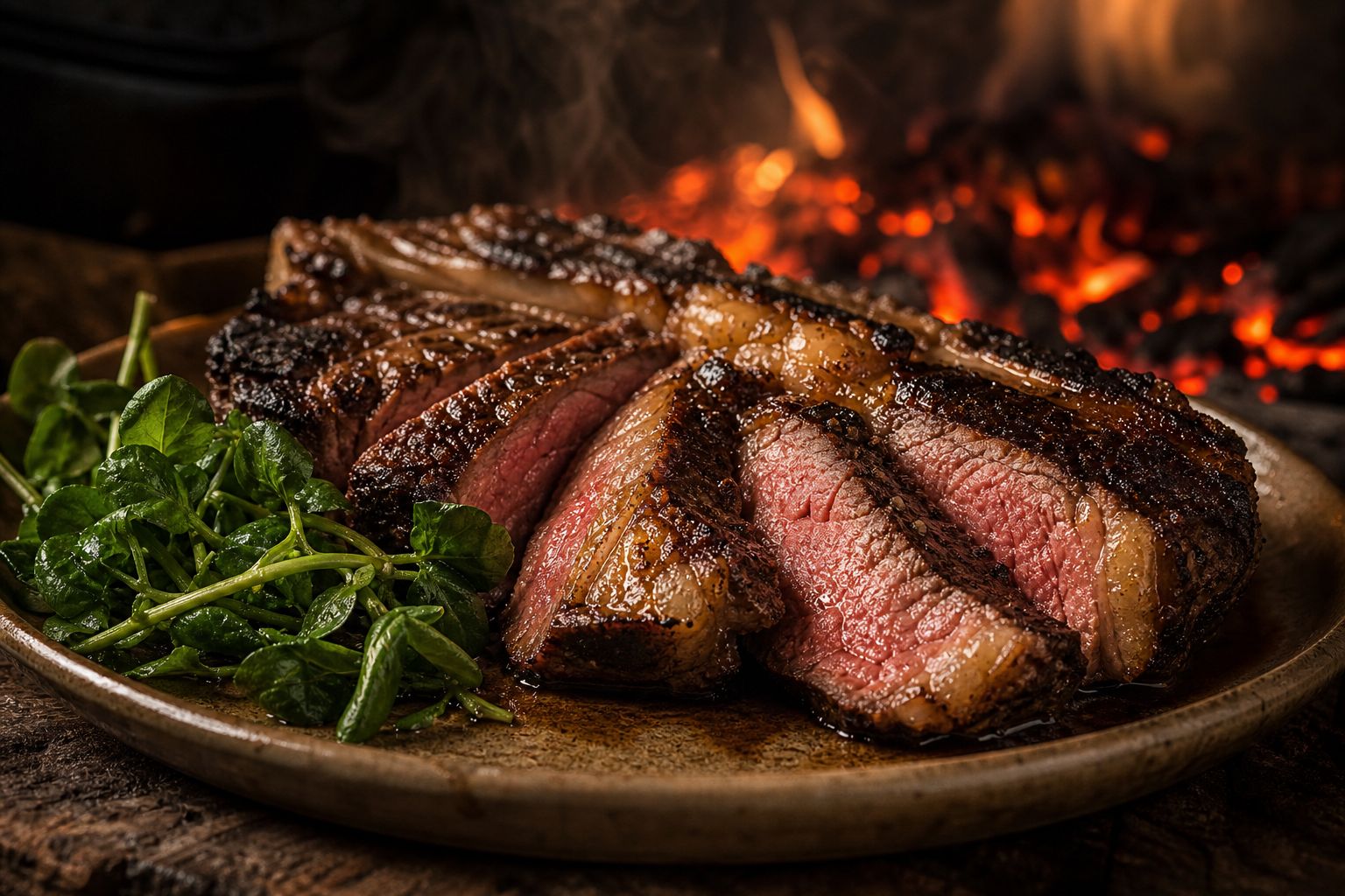 45-Day Dry-Aged Ribeye — Grass-fed, seared over oak, bone-marrow crumb, watercress. For two.