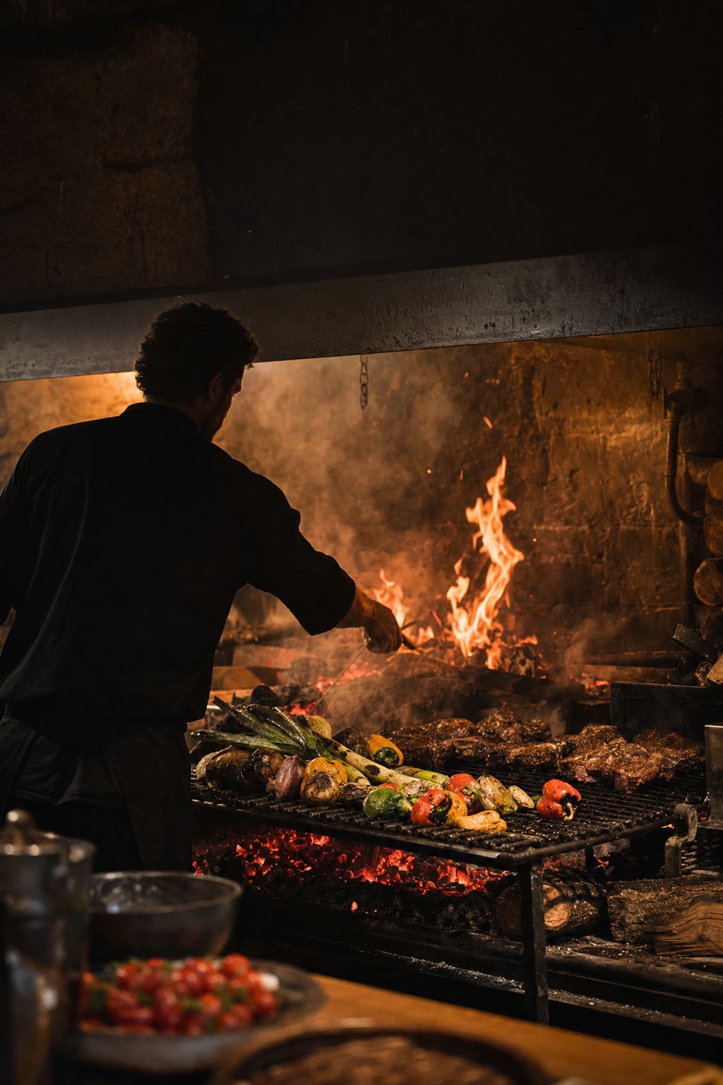 The open wood-fired hearth at ember — flames licking up around a grill of charring steaks and vegetables, the chef silhouetted against the fire