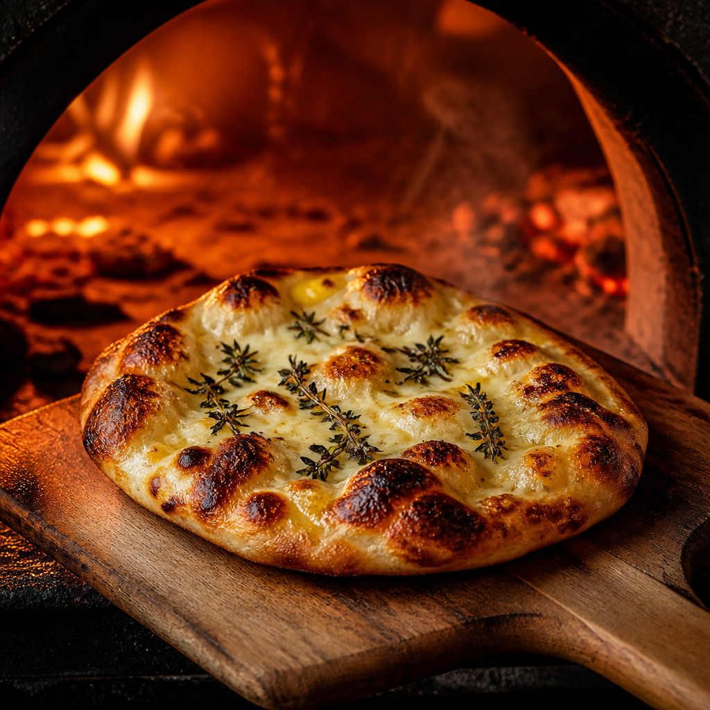 A hearth flatbread blistering and bubbling in the wood-fired oven