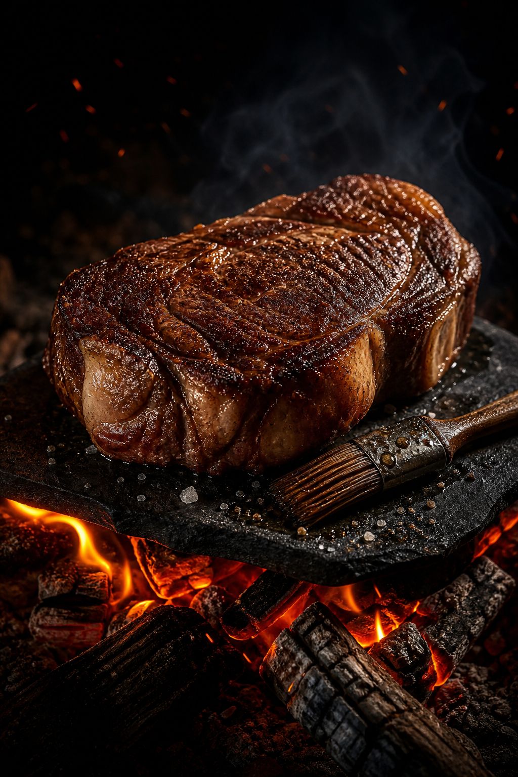 A 45-day dry-aged ribeye resting over glowing oak embers, crust crackling under the flame