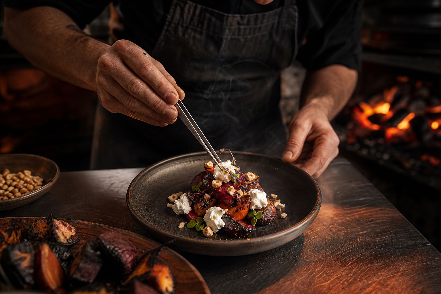 Hands plating an ember-roasted beet dish at the pass, tweezers placing herbs